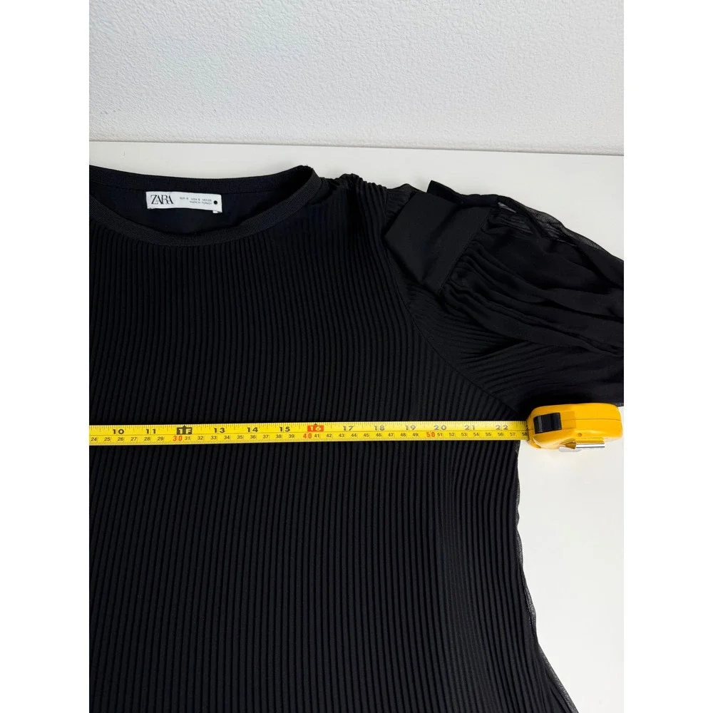 Zara Women Chiffon Mini Dress S Black Pleated Oversized Long Sleeve Shift Lined